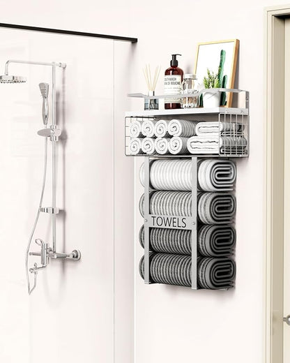 Towel Racks for Bathroom Wall Mounted - Bath Wall Towel Holder Set Above Toilet Storage, Rolled Towel Shelf Organizer for Small Bathroom, Wood Vertical Towel Rack for Bathroom Wall Decor Silver