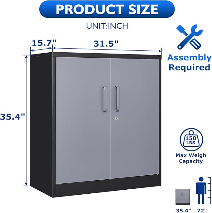 Metal Storage Cabinets with Locking Doors & 2 Adjustable Shelves, Lockable Steel Office Cabinets, Counter Caninet Small Locking Cabnet Locked Tool Cabnets for Home, Office, Garage, Hallway