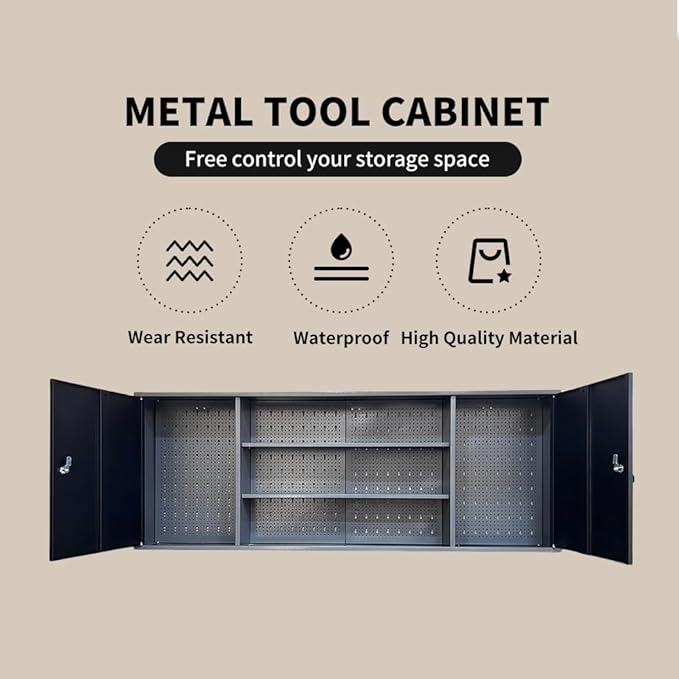 Large Wall Metal Tool Storage Cabinet with Lockable Doors and Removable Shelves for Garage Workshop Utility Room, Black & Grey