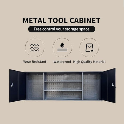 Large Wall Metal Tool Storage Cabinet with Lockable Doors and Removable Shelves for Garage Workshop Utility Room, Black & Grey