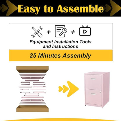 2 Drawer File Cabinet with Lock,Pink Metal Office Drawers Filing Cabinets for Home Office, Two Drawer Under Desk File Cabinet for Hanging Letter,Easy Assemble