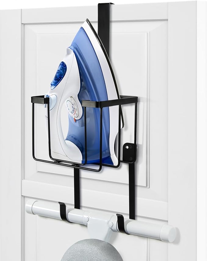 ORLESS Over The Door/Wall Mount Ironing Board Hanger, Laundry Room Iron and Ironing Caddy Board Storage Holder, Black