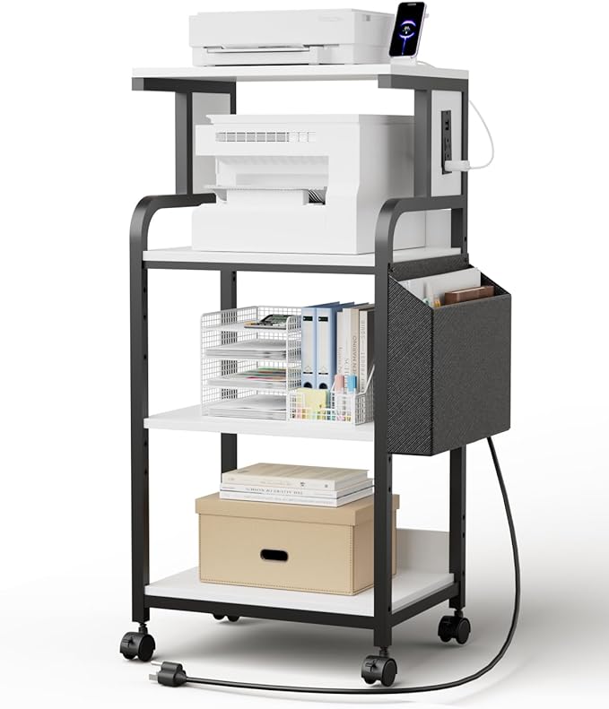 Tall Printer Stand with Charging Station, 4-Tier Large Printer Table Adjustable Shelf, Mobile Printer Cart on Wheels Heavy Duty for Home Office, Fits 3D Printer Shredder Scanner Fax, White