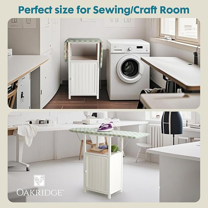 OakRidge Deluxe Ironing Board with Storage Cabinet, Perfect for Small Spaces with Extra Storage, Folding Station, Crafted with 100% Durable Wood, White Design – Measures 36.5" H x 15.5" W x 23" L