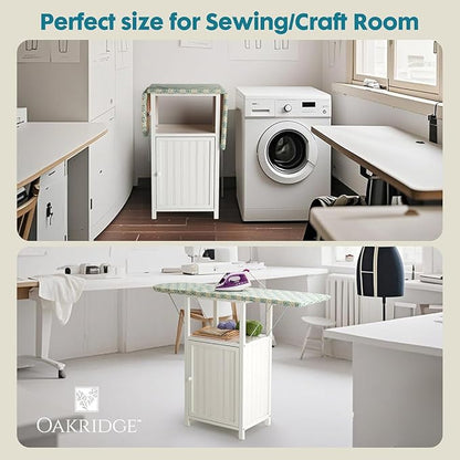 OakRidge Deluxe Ironing Board with Storage Cabinet, Perfect for Small Spaces with Extra Storage, Folding Station, Crafted with 100% Durable Wood, White Design – Measures 36.5" H x 15.5" W x 23" L