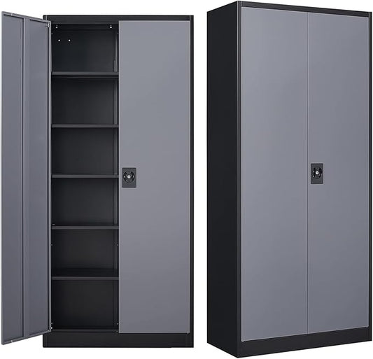 MIIIKO Metal Storage Cabinet with Locking Doors, Black Garage Lockable Steel Cabinets with 4 Doors and 5 Shelves for Home, Garage, Pantry Workshop Warehouse