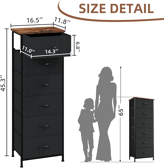 Somdot Tall Dresser for Bedroom with 6 Drawers, Storage Organizer Chest of Drawers with Removable Fabric Bins for Closet Bedside Living Room Laundry Entryway Hallway, Black Rustic Brown