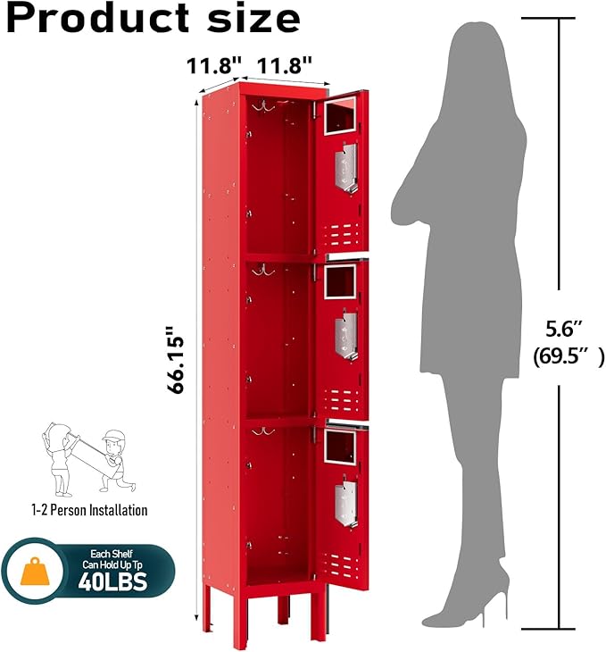 Metal Storage Locker with Lock & Card Slot Locker - Secure Lockable Door - Steel Locker for School, Office, Gym, Home - 66.15" H x 11.8" W x 11.8" D（3 Door, Red）