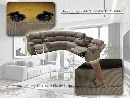Living Room Furniture Sets, 3 Pieces Reclining Sectional Sofa Set with Cup Holders, Brown Corduroy Recliner Sectional Sofa Set with Storage Console Reclining Couches for Living Room, Bedroom