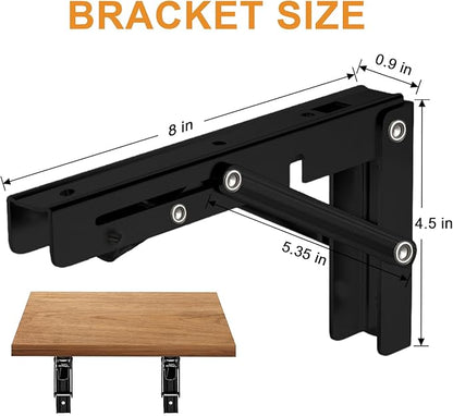 Storystore Folding Shelf Brackets - 8 Inch Heavy Duty Metal Collapsible Shelf Bracket for Bench Table, Shelf Hinge Wall Mounted Space Saving DIY Bracket, Max Load: 150 lb (4 PCS, Black)