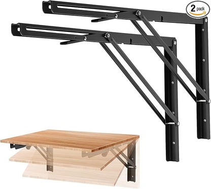 Ravinte 2 Pack 24 Inch Folding Shelf Brackets – Matte Black, Heavy Duty Collapsible Brackets for Tables and Benches – Space-Saving Design