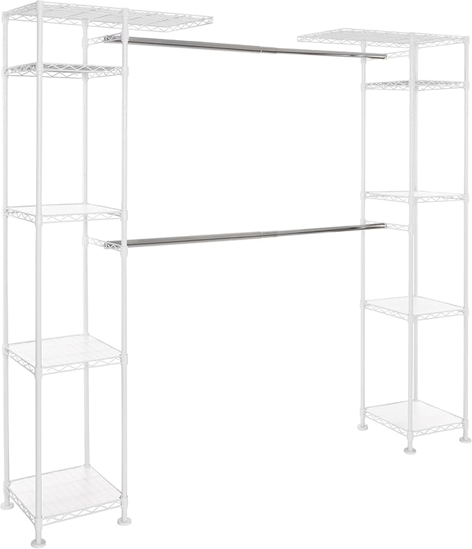 Seville Classics Closet Garment Organizer with Metal Hanging Rod Wardrobe Storage System, w/ Steel Shelves for Clothes, Shirts, Jackets, Coats, Blankets, Shoes, White, Expandable Rack