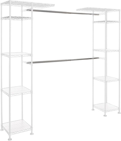 Seville Classics Closet Garment Organizer with Metal Hanging Rod Wardrobe Storage System, w/ Steel Shelves for Clothes, Shirts, Jackets, Coats, Blankets, Shoes, White, Expandable Rack
