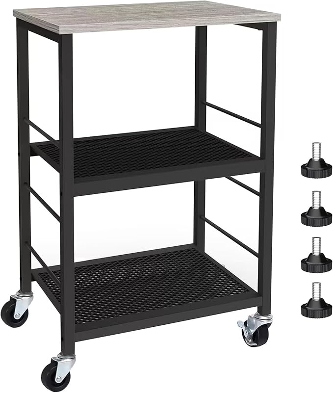 MOOACE Rustic 3 Tier End Table with Wheel,Side Table Nightstand Storage Shelf for Bedroom,Kitchen,Living Room and Office, Stable Metal Frame,Wood Top, Easy Assembly - Gray