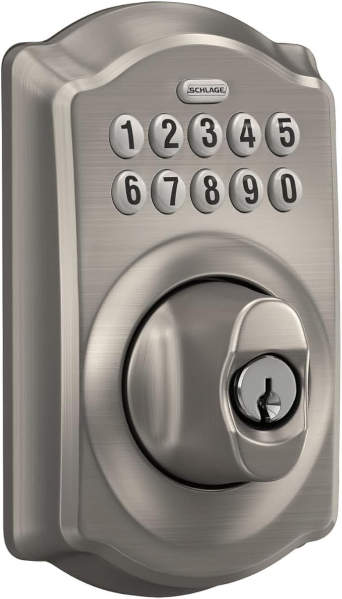 Schlage BE365 V CAM 619 Camelot Keypad Deadbolt, Electronic Keyless Entry Lock, Satin Nickel