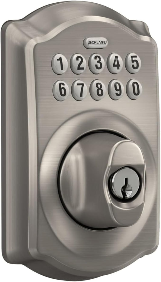 Schlage BE365 V CAM 619 Camelot Keypad Deadbolt, Electronic Keyless Entry Lock, Satin Nickel