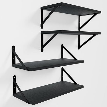 Wall Shelves 7.3" Deep Set of 4, Solid Paulownia Wood Wider Longer Sturdy Easy to Install Wall Mounted Bookshelves Storage Shelves Bathroom Home Office Laundry Room Bedroom Organizer Black