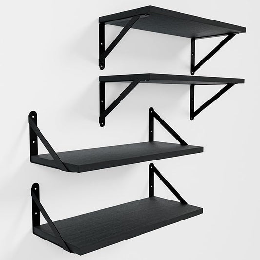 Wall Shelves 7.3" Deep Set of 4, Solid Paulownia Wood Wider Longer Sturdy Easy to Install Wall Mounted Bookshelves Storage Shelves Bathroom Home Office Laundry Room Bedroom Organizer Black