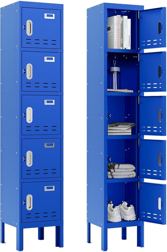 Metal Storage Locker with Lock & Card Slot Locker - Secure Lockable Door - Steel Locker for School, Office, Gym, Home - 66.15" H x 11.8" W x 11.8" D（5 Door, Blue）