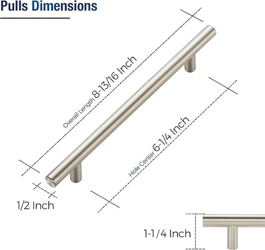 JOY DECOR 3 Pack Cabinet Handles, Brushed Nickel Cabinet Pulls, 6-1/4 in Hole Center Kitchen Cabinet Handles, Stainless Steel T Bar Handles for Dresser Drawers