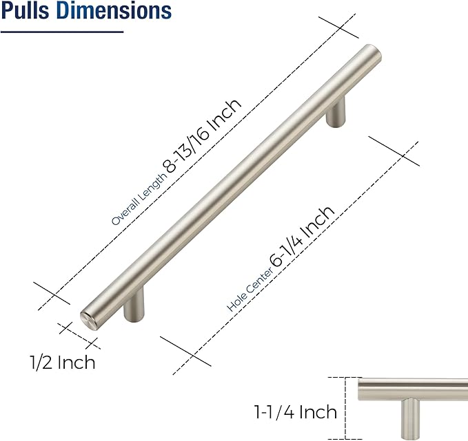 JOY DECOR 30 Pack Cabinet Handles, Brushed Nickel Cabinet Pulls, 6-1/4 in Hole Center Kitchen Cabinet Handles, Stainless Steel T Bar Handles for Dresser Drawers