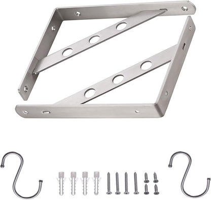 YUMORE Stainless Steel Shelf Bracket 10", Heavy Duty Solid Shelf Support Corner Brace Joint Right Angle Bracket, L Bracket with 2 S Hook, 2 Pack