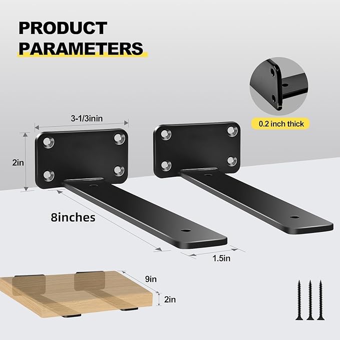 12 Pack - 8 inch Black Hidden L Shelf Bracket (1/5 Inch Thicked) Iron Floating Shelf Brackets Rustic Industrial Metal Brackets for Shelf Support