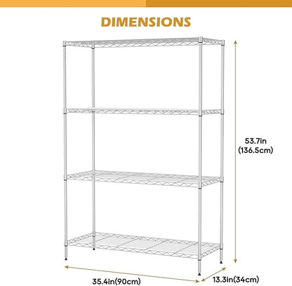 PayLessHere 4 Tier Shelving Unit 13.4" D×35" W×53.7" H Metal Shelving Standing Storage Shelf with 4 Steel Frame Adjustable Layer Racks Metal Commercial Shelf for Kitchen, Garage (Chrome)