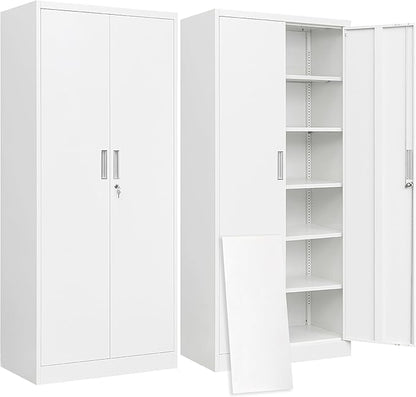 BESFUR Metal Storage Cabinet with 2 Doors and 5 Adjustable Shelves Garage Storage Cabinet with Lock 71" Office Storage Cabinets Locking Cabinets for Garage Office Shop Home (White)