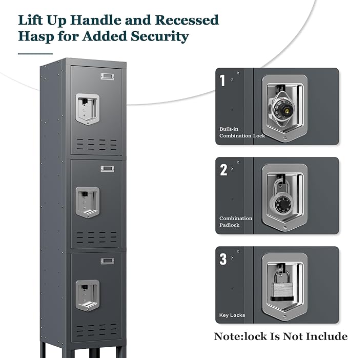 Metal Storage Locker with Lock & Card Slot Locker - Secure Lockable Door - Steel Locker for School, Office, Gym, Home - 66.15" H x 11.8" W x 11.8" D（3 Door, Grey）