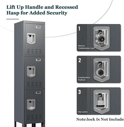 Metal Storage Locker with Lock & Card Slot Locker - Secure Lockable Door - Steel Locker for School, Office, Gym, Home - 66.15" H x 11.8" W x 11.8" D（3 Door, Grey）