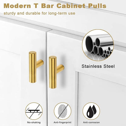 Estmoon 30 Pack Brushed Brass Cabinet Knobs Gold Drawer Pulls Stainless Steel Brushed Gold Dresser Knobs for Cabinets Cupboard Bathroom Kitchen Hardware, Single Hole T Bar Pulls, 2in Overall Length