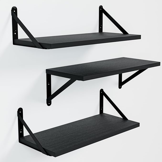 Wall Shelves 7.3" Deep Set of 3, Solid Paulownia Wood Wider Longer Sturdy Easy to Install Wall Mounted Bookshelves Storage Shelves Bathroom Home Office Laundry Room Bedroom Organizer Black