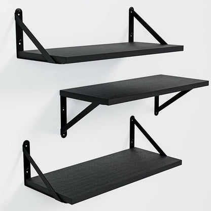 Wall Shelves 7.3" Deep Set of 3, Solid Paulownia Wood Wider Longer Sturdy Easy to Install Wall Mounted Bookshelves Storage Shelves Bathroom Home Office Laundry Room Bedroom Organizer Black