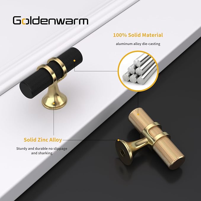 goldenwarm 10 Pack Knurled Black and Gold Cabinet Knobs Black Cabinet Knobs Gold Drawer Pulls Handles Kitchen Dresser Hardware for Bedroom Cupboard, Single Hole