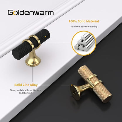 goldenwarm 10 Pack Knurled Black and Gold Cabinet Knobs Black Cabinet Knobs Gold Drawer Pulls Handles Kitchen Dresser Hardware for Bedroom Cupboard, Single Hole