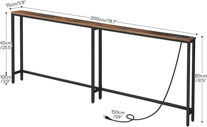 HOOBRO 78.7" Narrow Console Table with Charging Station, 5.9" Sofa Table with 2 Power Outlets and USB Ports, Long Entryway Tables Behind Couch Table, for Hallway, Livingroom, Rustic Brown BF205UXG01G1