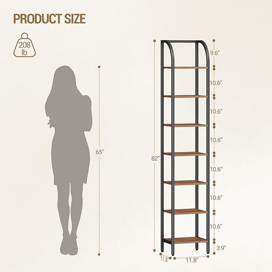 Bookshelf Narrow Bookcase, Tall Storage Rack with Steel Frame, Display Standing Shelf Unit, Skinny Book Shelf for Study Living Room, Home Office, Industrial, 7-Tier Rustic Brown BC57701B