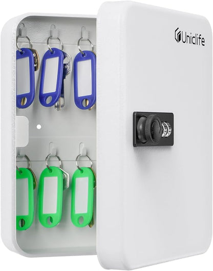 Uniclife 20 Position Key Cabinet with Combination Lock Resettable White Digital Security Storage Box Steel Key Organizer with Colorful Key Tag Labels Stickers and Hooks