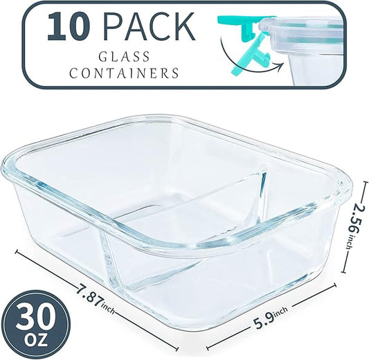 KOMUEE 10 Packs 30oz Glass Meal Prep Containers 2 Compartments,Glass Food Storage Containers with Lids,Airtight Glass Lunch Bento Boxes,Oven,Freezer and Dishwasher Safe, Green