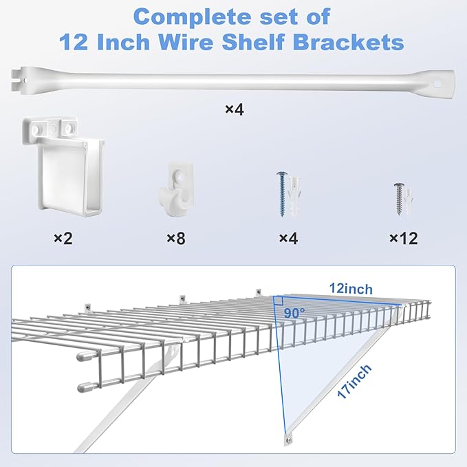 12 Inch Wire Shelf Brackets Set, 4 Pack Metal White Closet Support Bracket with End Brackets & Clips for Wire Shelving Wall Bracket Installation, Support Wire Closet Shelves Racks(4 Pack)