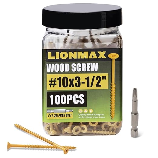 LIONMAX Deck Screws 3-1/2 Inch, Wood Screws #10 x 3-1/2", 100 PCS, Rust Resistant, Exterior Epoxy Coated, Outdoor Decking Screws, Torx/Star Drive Head Deck Screw, T25 Star Bit Included, Tan