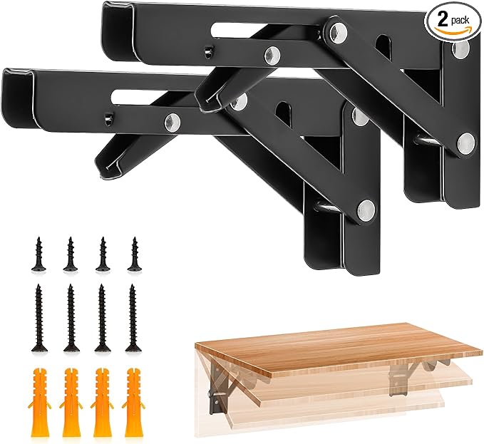 JOY DECOR 6 Inch Heavy Duty Folding Shelf Brackets, 2 Pack (1 Pair) Collapsible Wall Mounted Brackets for Fold Down Table, Stainless Steel Folding Table Hinge, Matte Black