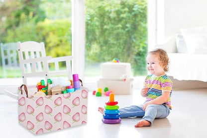 Sanjiaofeng Rectangular Kids Basket Pink Storage Bins,Strawberry Storage Basket with Handles.Clothers,Books,Kid's Gifts Bins. (Pink strawberry)