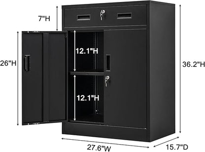 Metal Storage Cabinet, Locking Cabinet with One Drawer and Adjustable Shelf, 36" H x 28" W x 16" D Steel Storage Cabinet for Office, Garage, Home-Black