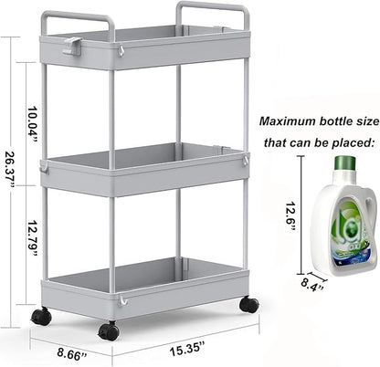 SOLEJAZZ 3 Tier Rolling Storage Cart with Wheels Slim Craft Nail Makeup Snack Art Baby Utility Cart Organizer on 2 Lockable Wheels for Bathroom Laundry Room Kitchen Bedside Narrow Spaces, Gray