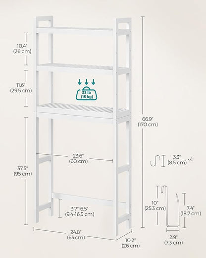 SONGMICS Over The Toilet Storage, 3-Tier Over Toilet Bathroom Organizer with Adjustable Shelf, 10.2 x 24.8 x 66.9 Inches, Space-Saving, Cloud White UBTS01WT