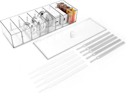 Cable Organizer Box with 10 Wire Ties, Clear Charger Cord Storage Organizer Case, Desktop Drawer Accessories Power Wire Storage with 8 Compartments, Office, Home, Stationery Storage Supplies