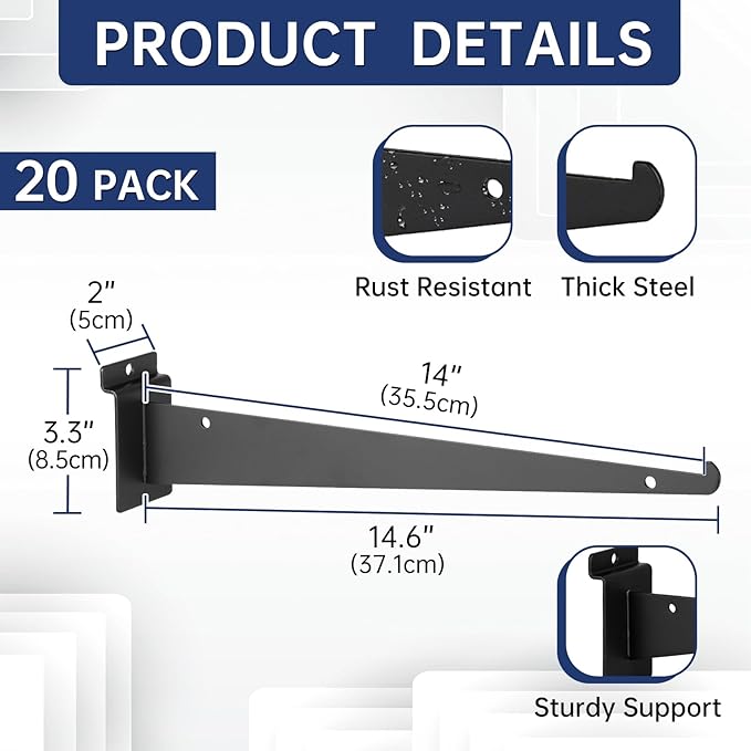 20 Pack Metal Slatwall Shelf Brackets with Lip Heavy Duty, Slatwall Accessory for Panels Shelving, Garage, Retail Display (Black, 14 Inch)