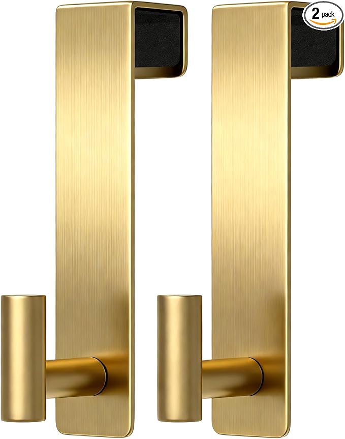 PMMASTO 2-Pack Over The Door Hooks - Rustproof Stainless Steel Door Hangers for 1-3/4 Inch Doors, Non-Marking and Tool-Free Easy Install (Gold, T Shape-Fits 1-3/4" Thick Door)